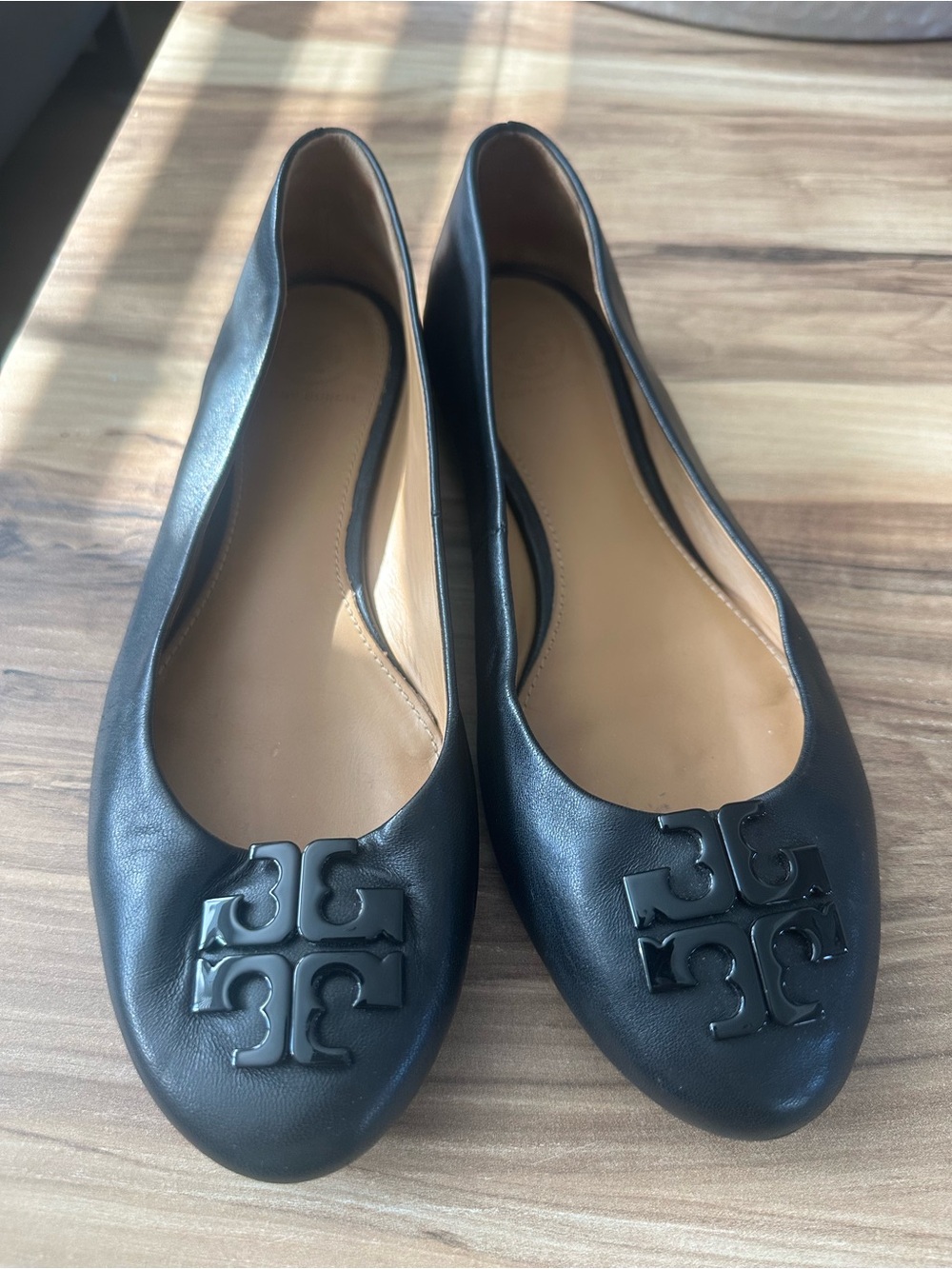 Tory Burch Black Leather Logo Ballet Flats